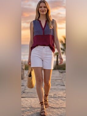 Sleeveless Mixed-Print V-Neck Top - Red & Navy